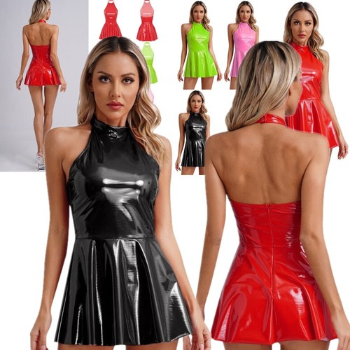 Women~Wet Look PVC Leather Bodycon Mini Dress Halter Backless Club Party Dress - Picture 6 of 48
