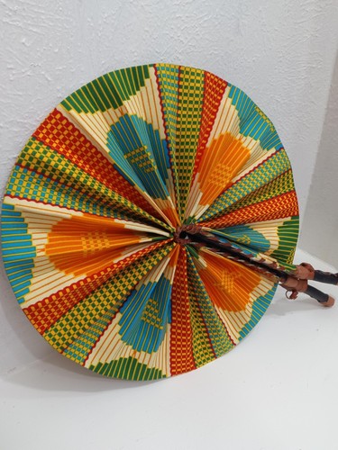 African Colorful Hand Fan, Leather Handle, Decorative Fan with Ankara Fabric - Picture 3 of 3