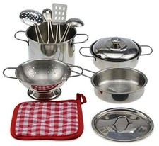 Metal Pots and Pans Kitchen Cookware Playset for Kids with Cooking Utensils Set