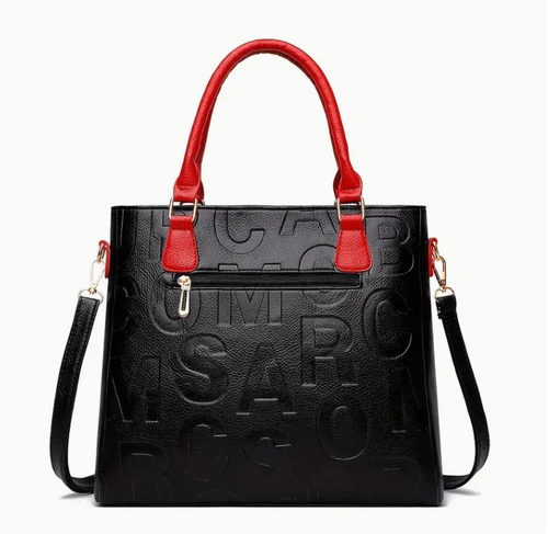 LETTER Embossed Handbag-Trendy Faux Leather Shoulder Bag-Double Handle Purse Red - Picture 2 of 6