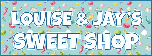 2 BANNERS PERSONALIZADOS DE CELEBRACIÓN DE FIESTA SWEET SHOP - CUALQUIER NOMBRE(S) CUALQUIER MENSAJE - Imagen 3 de 4