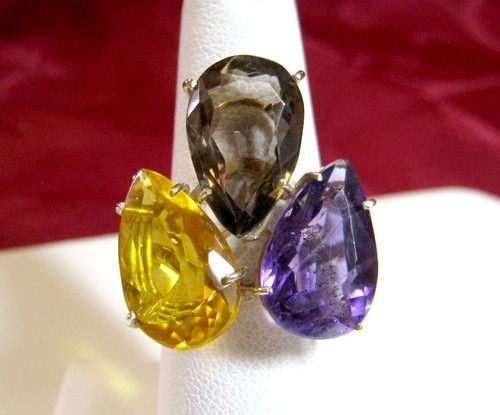 RARE 14K YELLOW GOLD PEAR SHAPE AMETHYST CITRINE SMOKY QUARTZ RING SIZE 6.75 - Picture 2 of 9
