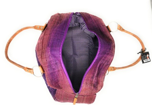 rice.dk Vintage Damen Tragetasche Raffia Bast mit Blumenstickerei in Lila - Bild 7 von 9