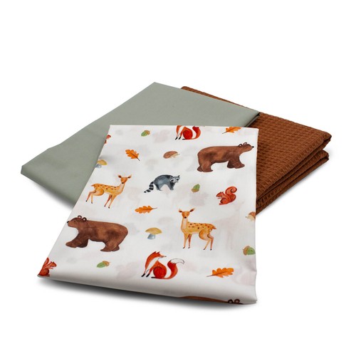 Set 1x Waffelstoff + 2x Baumwollstoff je 0,5m x 1,5m Stoffpaket Waldtiere Set 70 - Bild 2 von 7