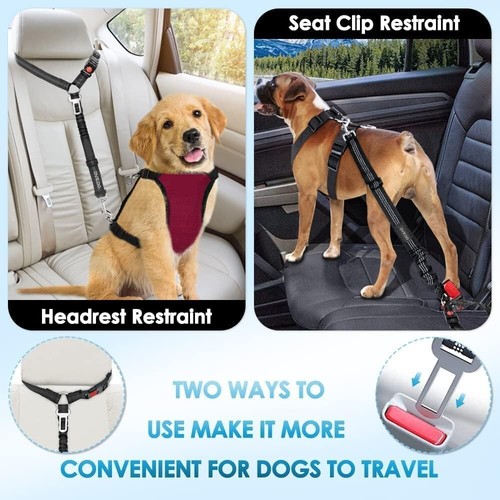 2 in 1 Dog Seatbelts for Cars 2 Pack Adjustable Pet Harness Headrest Restraint C - Picture 3 of 5