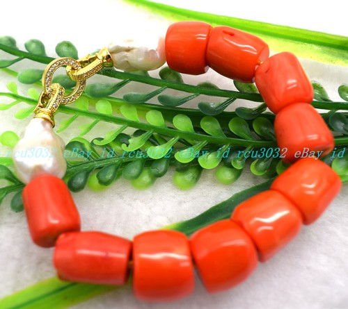 Natural 12-14mm Orange Coral Cylinder Barrel Gemstone Beads Bracelet 7.5'' - Picture 8 of 12