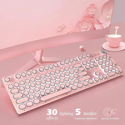 Pink Typewriter Keyboard and Mouse,Retro Vintage Mechanical Gaming Keyboard w... - Picture 2 of 9