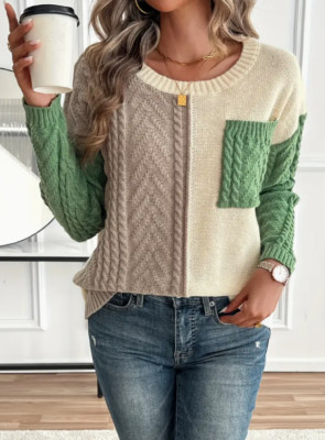 Farbblock-Pullover mit Zopfmuster und Aran-Muster, lässiger Pullover