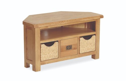 Oakvale Oak Corner TV Unit with Wicker Drawers / Oak Corner Tv Stand / Built - Picture 14 of 24