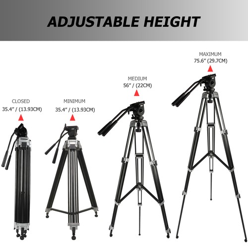 75" Aluminum Alloy Tripod Twin Handle Control Two-Way Fluid Head 360° - Picture 2 of 9