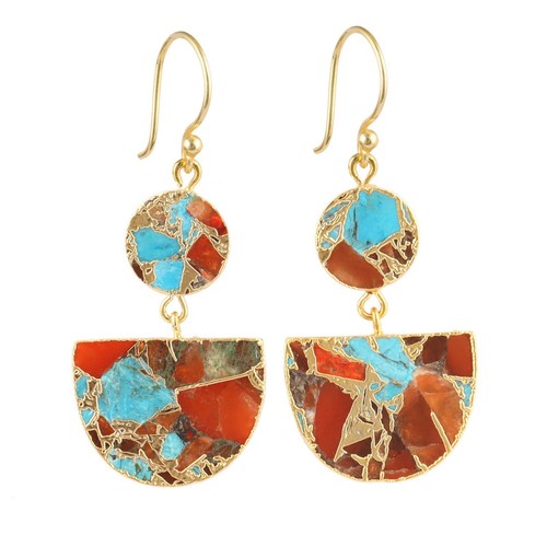 Round Semicircle Copper Jade Turquoise Gold Electroplated Drop Dangle Earrings - Picture 2 of 52