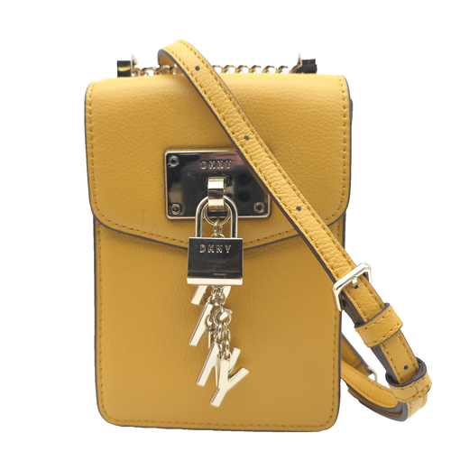 DKNY Elissa Pebble Leather Yellow Logo Charm Chain Mini Phone Crossbody $148 - Picture 1 of 4