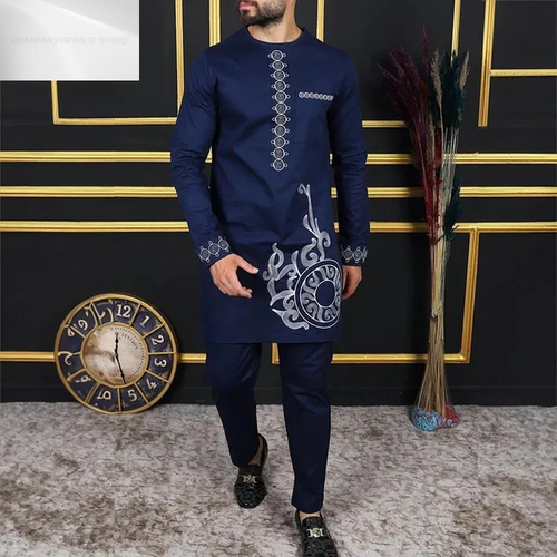 Men's African 2 Piece Set Traditional Shirt and Pants Casual Full Suits Dress - Picture 11 of 14