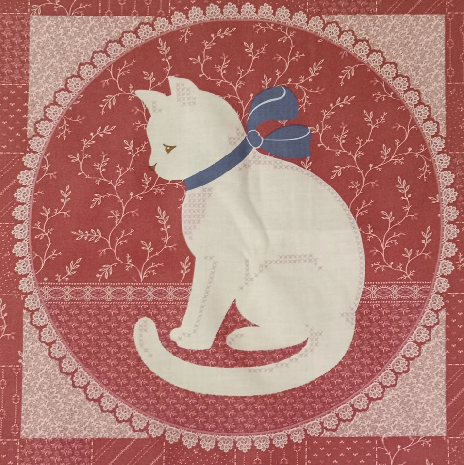 Vintage~Cranston~"Kitty Cat w/Blue Bow"~ Pinks BG ~Cotton Fabric ~ 14.25"x14.75" - Image 3 of 3
