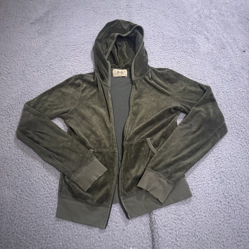 Y2K Juicy Couture Hoodie Womens Medium Green Velour Track Jacket Small Full Zip - Picture 2 of 9