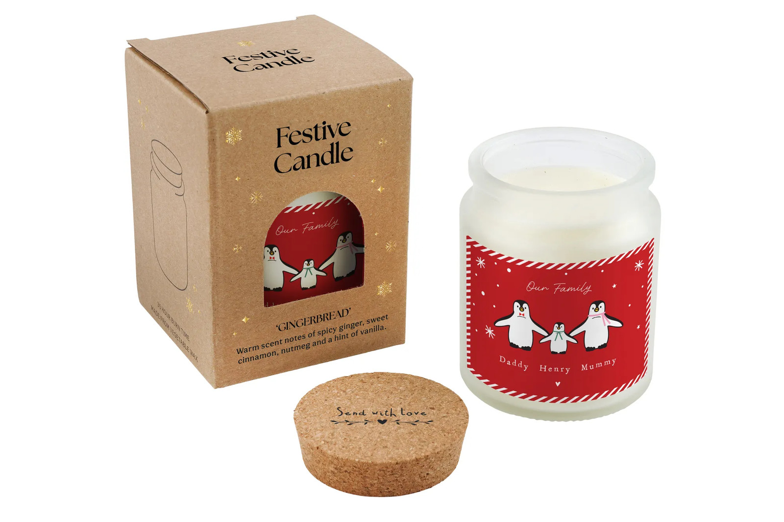 Personalised Family Xmas Candle Gingerbread Scent Penguins Winter Décor