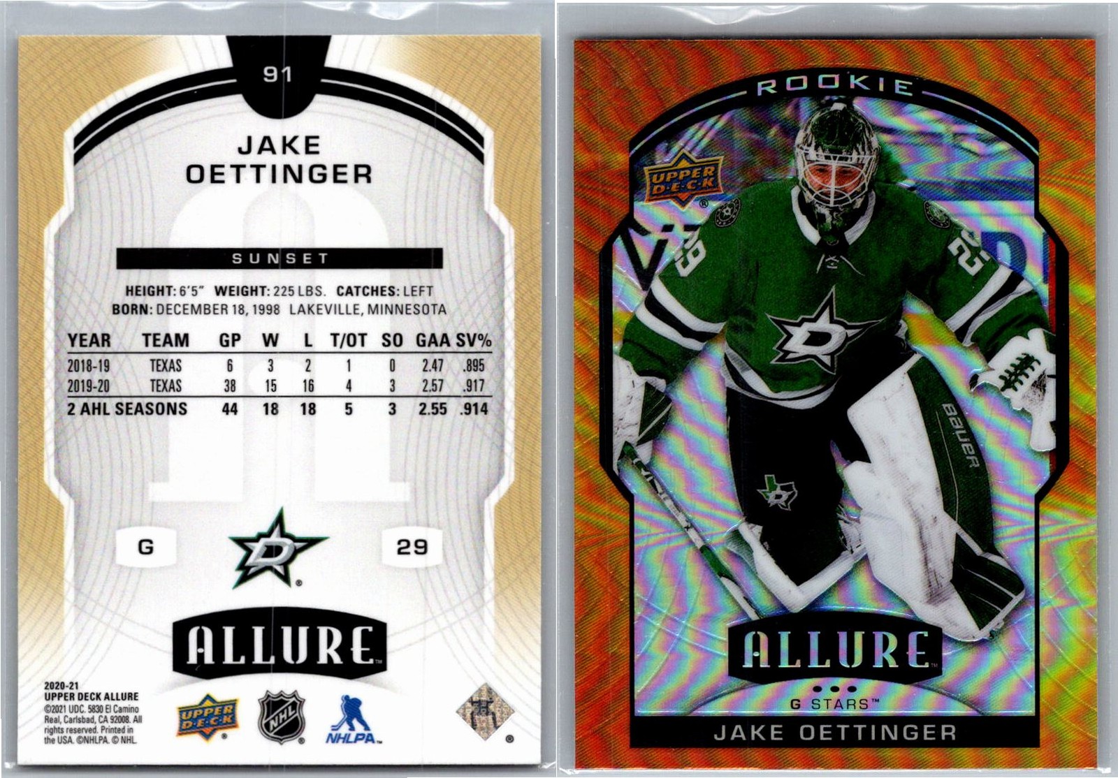 2020 UD Allure Sunset Rookie Jake Oettinger  91