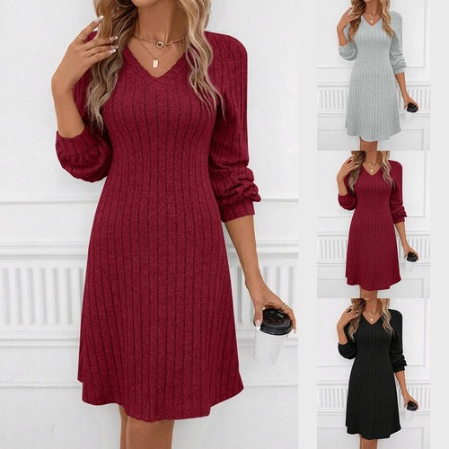 Striped Long Sleeve Dress for Women Vneck Casual Autumn Winter Clothing - Picture 2 of 52