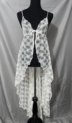 Vintage 1970s Shirley Of Hollywood White Lace Open Front Lingerie Hi Low Sz S