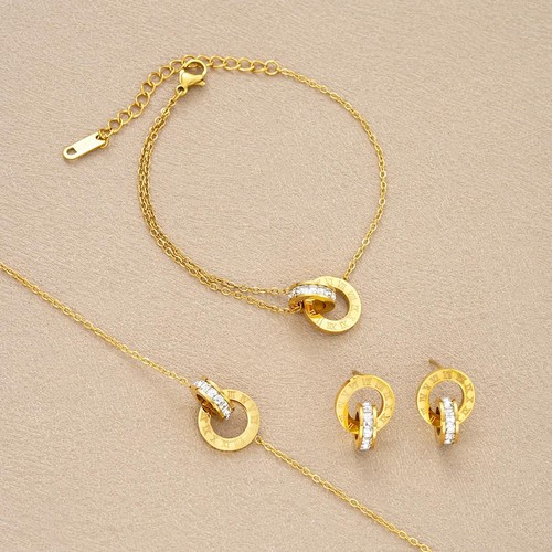 Set gioielli in acciaio inox oro 4 pezzi cerchio romano collana orecchini bracciale - Foto 11 di 14