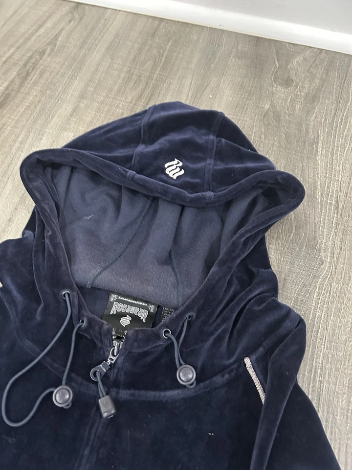Moletom Rocawear masculino 2XL azul com capuz zíper completo pulôver veludo Y2k - Imagem 4 de 4