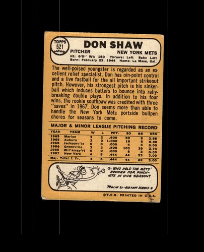 1968 Topps 521 Don Shaw POOR #D1.397799 - Bild 2 von 2