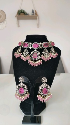 Premium CZ Indian Pakistani pink party Necklace Hanging Choker earrings Set - Picture 15 of 16
