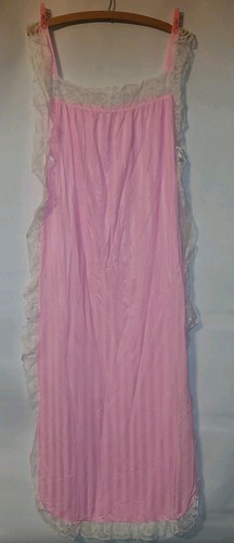Vtg New Full Length Pink Striped Satin Nightgown Off White Lace Trim size 10 - Picture 1 of 2