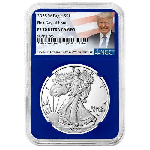 2025-W $1 1-oz Proof American Silver Eagle NGC PF70UC FDI Trump Label Blue Core