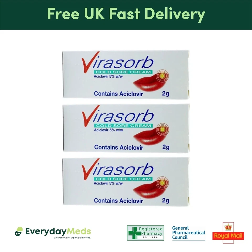 EVERYDAYMEDS 3 X Virasorb 2g 5% Cold Sore Cream for Cracked & Sore Lips Relief