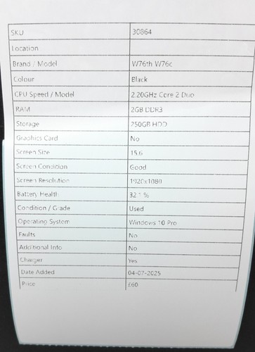 Stone Windows Laptop PC W76c - Core 2 Duo @ 2.20 - 2GB RAM - 15.6" - 250GB HD... - Picture 7 of 7