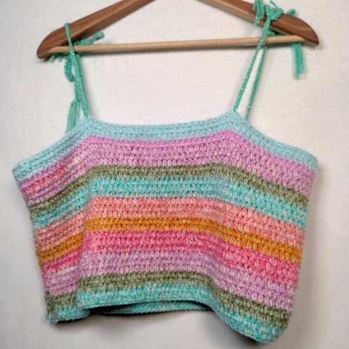 Homemade Crochet Tube Top L/XL Rainbow Pastel Gold Metallic Glitter Tie Cropped - Picture 2 of 12