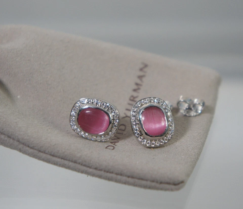 David Yurman 925 Sil Cushion PINK Tourmaline Diamond Noblesse 585 Stud Earrings - Image 4 of 4
