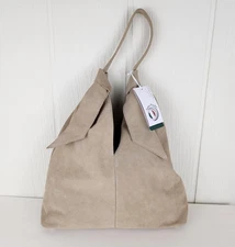 NWT Anna Paola Suede Leather Bow Hobo Bag Cappuccino Footed Bottom Pocket Italy