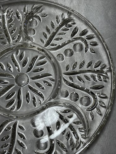 Vintage MCM Starburst Glass 4 Section Relish Serving Platter 11.5" Leaf Dots - Picture 4 of 10