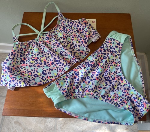 Girls 2 Piece Swimsuit Size 16 Fluorescent Cheetah Print -SO- NWT - Picture 1 of 9