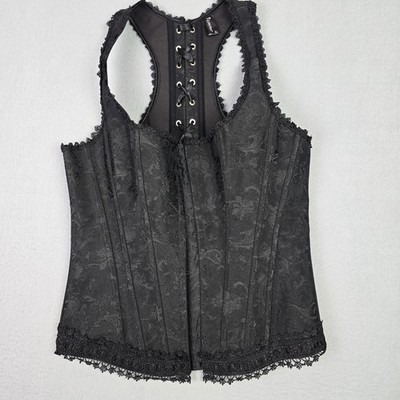 iCollection Black Lace Up Corset Top Women Size 38 Gothic Brocade Bustier Linger