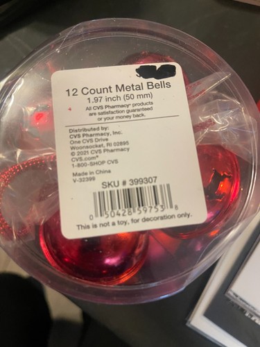 CHRISTMAS RED METAL BELLS ORNAMENTS 12 COUNT 1.97” BRAND NEW IN BOX - Picture 2 of 2