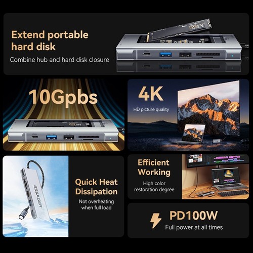 High Speed Docking Station- 100W Charging M.2 Enclosure 10GBPS 8-in-1 USB Hub - Picture 4 of 24