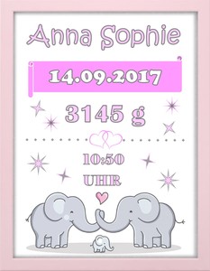 Taufe Geschenk Mädchen Baby Geburt Name Datum Personalisiert Elefanten Rosa Bild