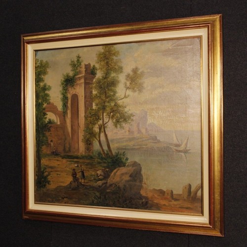 Dipinto paesaggio quadro olio su tela stile antico marina rovine personaggi - Foto 11 di 12