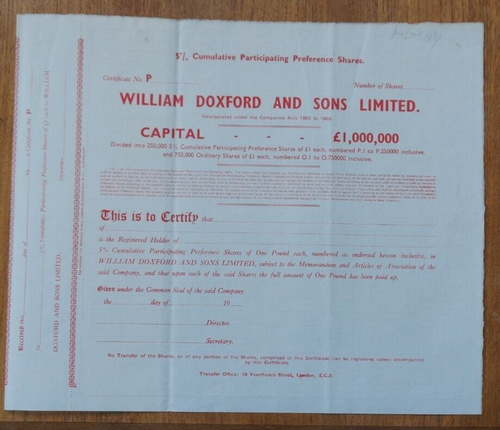 William Doxford & Sons Ltd. Aktienzertifikat datiert 19--, rot. UNISSUED