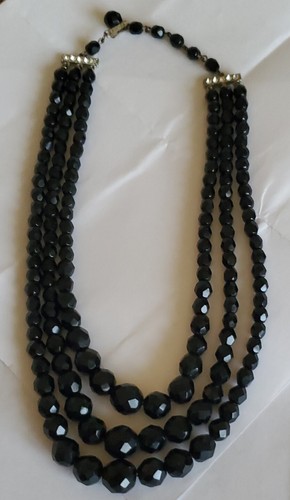 Vnt Jewelry Triple Strand Signed Laguna Necklace Black Jet Facet Graduated Bead - Picture 7 of 7