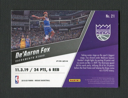 2019-20 Panini Mosaic Montage Mosaic #21 De'Aaron Fox - Picture 2 of 2