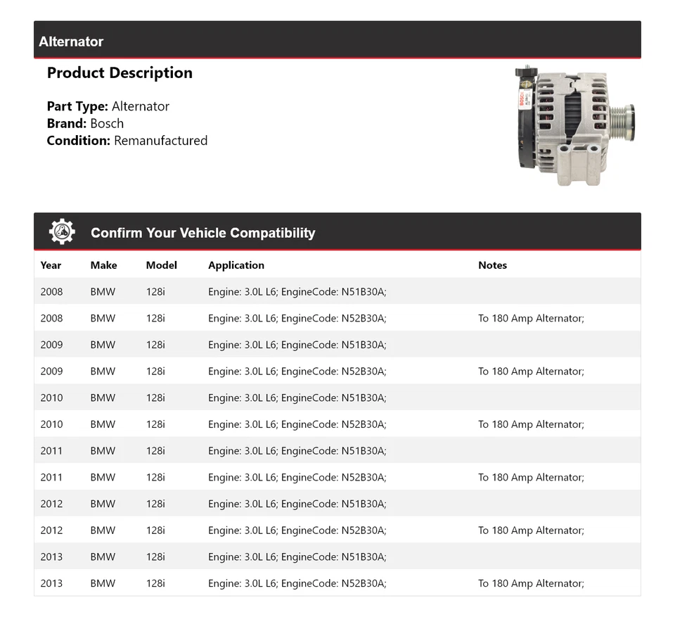 Alternador Bosch para BMW 128i 2008-2013 3,0 L L6 (remanufacturado) 2009 2010 2011 Foto 2 de 4