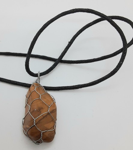 YELLOW JASPER GEMSTONE 20X35mm WIRE WRAPPED PENDANT 20" BLACK CORD NECKLACE - Picture 3 of 3