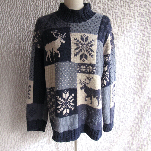 Suéter tejido a mano 1X suéter vacaciones invierno tema azul marfil Jones NY alce XL - Imagen 8 de 11