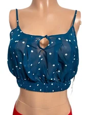 Y2K Blue Dotted Chiffon Smocked stretchy Waist button close Crop Top NWTS Hip