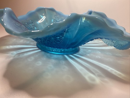 Fenton Aqua Blue Ruffled White Rim Fruit Bowl Daisy & Button Sticker Large 14” - Picture 6 of 11