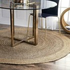 Jute Rug in Round Shape Grey + Beige Border Handmade Area Rug for Home Decor